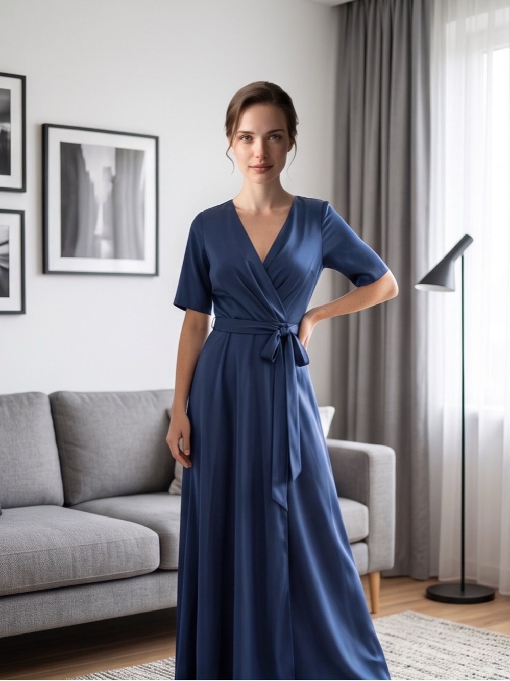 Alex Evenings Navy Wrap Maxi Dress with Tie Waist
